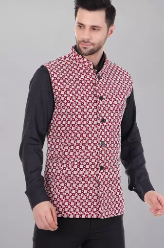  men's kashida embroidered nehru jacket - red