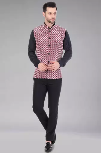  men's kashida embroidered nehru jacket - red