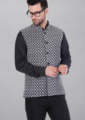  men's kashida embroidered nehru jacket - black 1