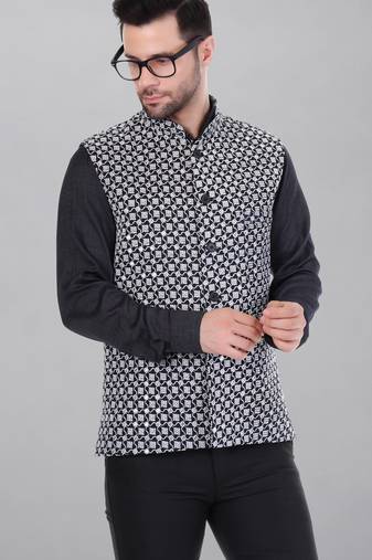  men's kashida embroidered nehru jacket - black