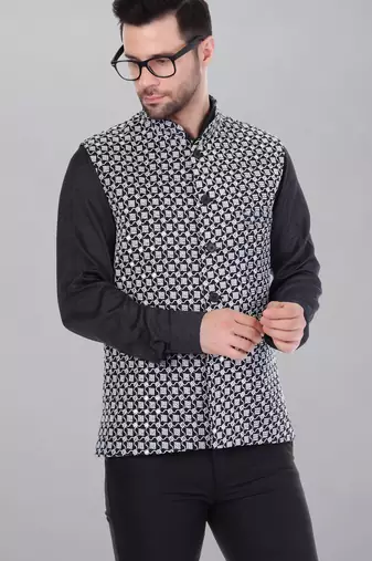  men's kashida embroidered nehru jacket - black