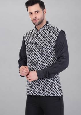  men's kashida embroidered nehru jacket - black 2