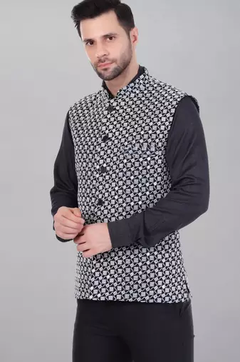  men's kashida embroidered nehru jacket - black