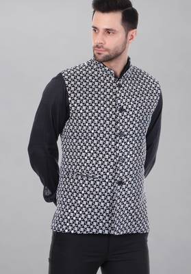  men's kashida embroidered nehru jacket - black 3