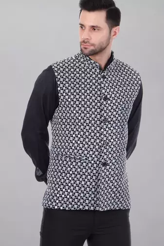  men's kashida embroidered nehru jacket - black