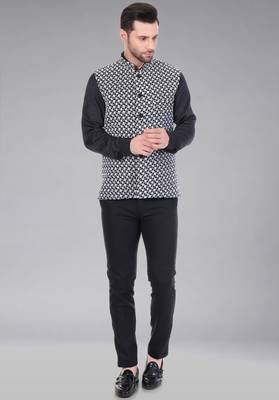  men's kashida embroidered nehru jacket - black 4