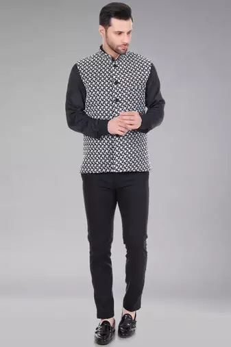  men's kashida embroidered nehru jacket - black