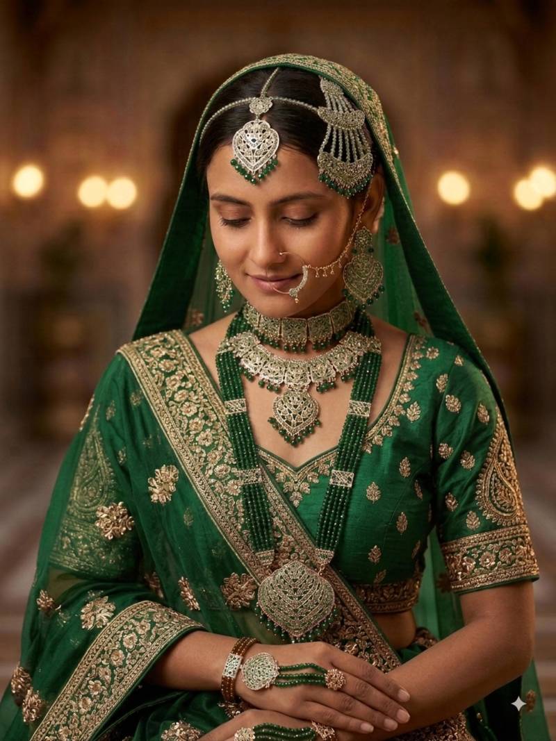 Traditional Green  Moti Kundan Necklace Set for Women