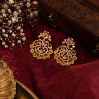 Gold plated traditional temple earrings with ruby & green stones for women 1