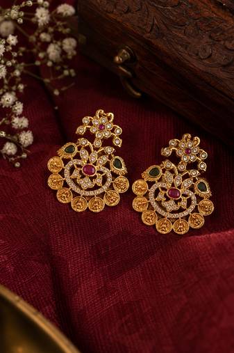 Gold plated traditional temple earrings with ruby & green stones for women