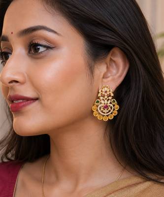 Gold plated traditional temple earrings with ruby & green stones for women 2