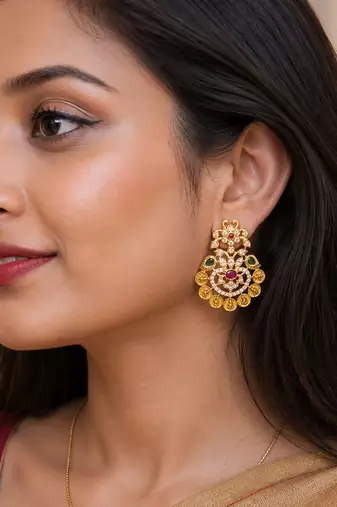 Gold plated traditional temple earrings with ruby & green stones for women
