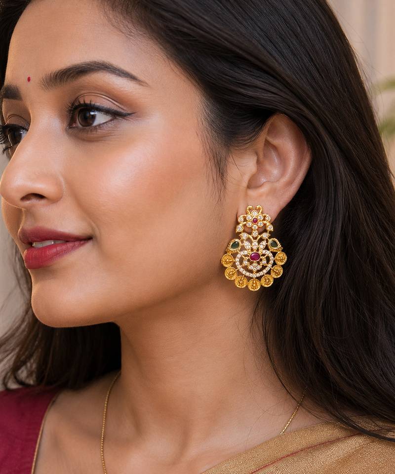 Gold plated traditional temple earrings with ruby & green stones for women