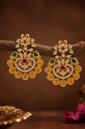 Gold plated traditional temple earrings with ruby & green stones for women