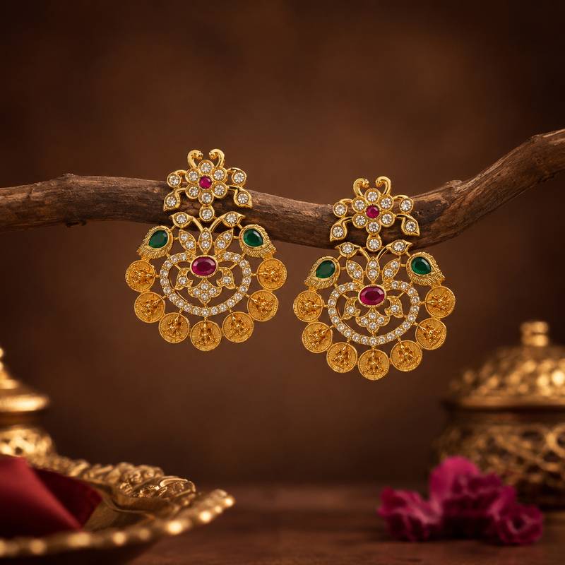 Gold plated traditional temple earrings with ruby & green stones for women
