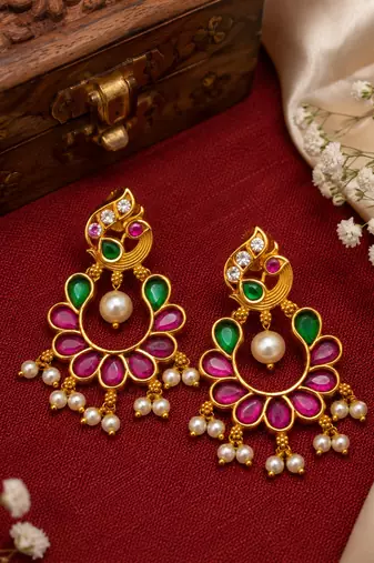 Gold plated peacock chandbali earrings with pink green stones & pearl drops