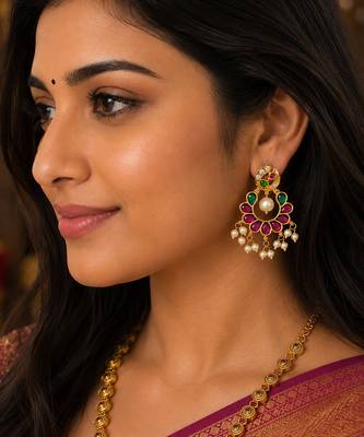 Gold plated peacock chandbali earrings with pink green stones & pearl drops 2