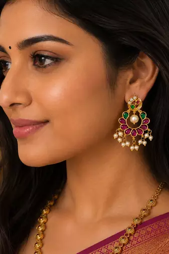 Gold plated peacock chandbali earrings with pink green stones & pearl drops