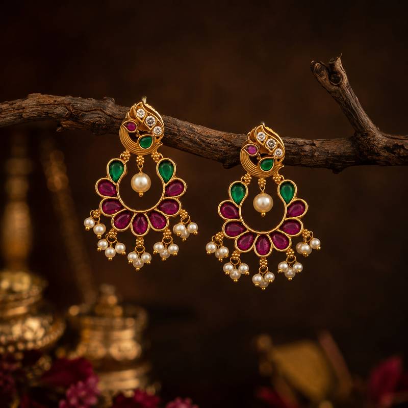 Gold plated peacock chandbali earrings with pink green stones & pearl drops