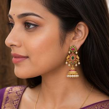 Gold plated kemp jhumka earrings with ruby green stones & pearl drops for women 2