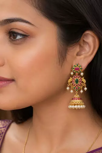 Gold plated kemp jhumka earrings with ruby green stones & pearl drops for women