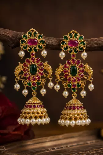 Gold plated kemp jhumka earrings with ruby green stones & pearl drops for women