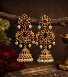 Gold plated kemp jhumka earrings with ruby green stones & pearl drops for women