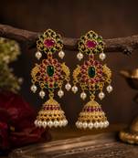 Gold plated kemp jhumka earrings with ruby green stones & pearl drops for women