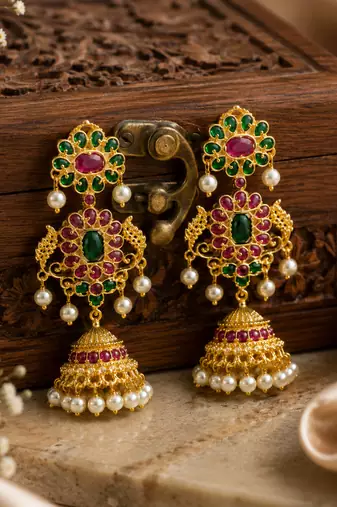 Gold plated kemp jhumka earrings with ruby green stones & pearl drops for women