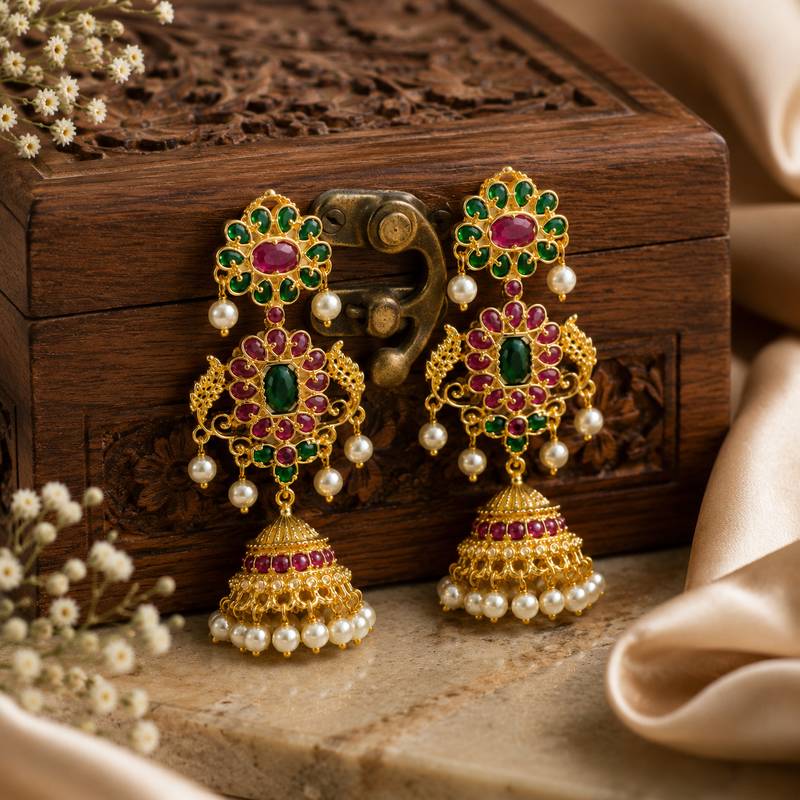 Gold plated kemp jhumka earrings with ruby green stones & pearl drops for women