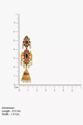 Gold plated kemp jhumka earrings with ruby green stones & pearl drops for women