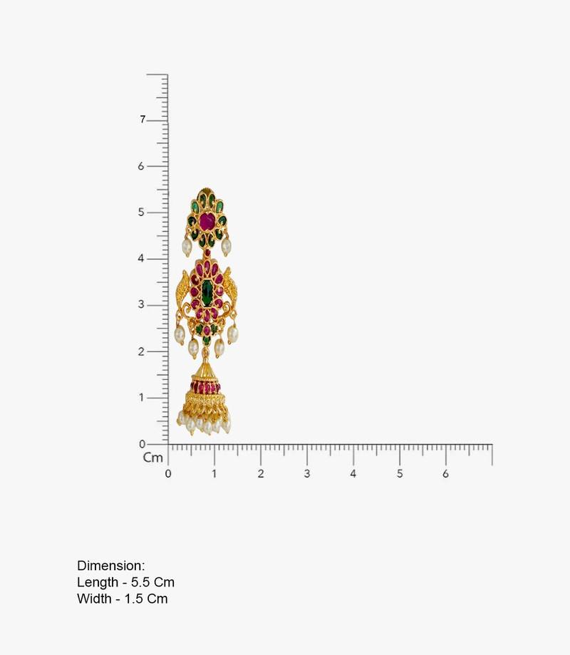 Gold plated kemp jhumka earrings with ruby green stones & pearl drops for women