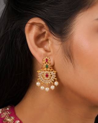 Gold plated designer chandbali earrings with ruby green stones & pearl drops 1