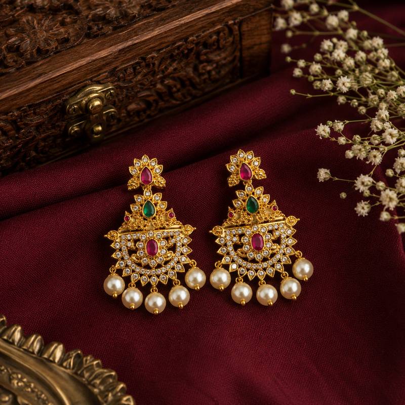 Gold plated designer chandbali earrings with ruby green stones & pearl drops