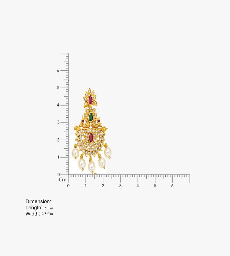 Gold plated designer chandbali earrings with ruby green stones & pearl drops
