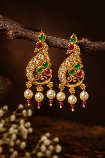Gold plated ruby green designer earrings with pearl drops for women