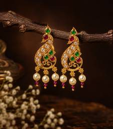 Gold plated ruby green designer earrings with pearl drops for women