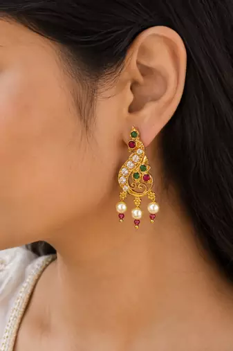 Gold plated ruby green designer earrings with pearl drops for women