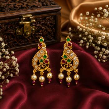 Gold plated ruby green designer earrings with pearl drops for women 3