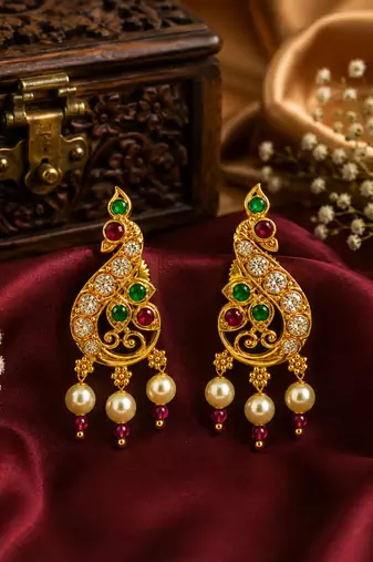 Gold plated ruby green designer earrings with pearl drops for women