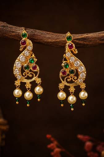 Gold plated peacock designer earrings with ruby green stones & pearl drops
