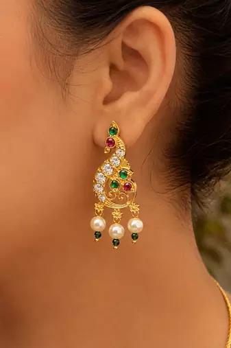 Gold plated peacock designer earrings with ruby green stones & pearl drops