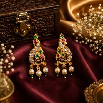 Gold plated peacock designer earrings with ruby green stones & pearl drops 3