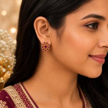 Gold plated ruby stone floral stud earrings | south indian temple style jewelry 1
