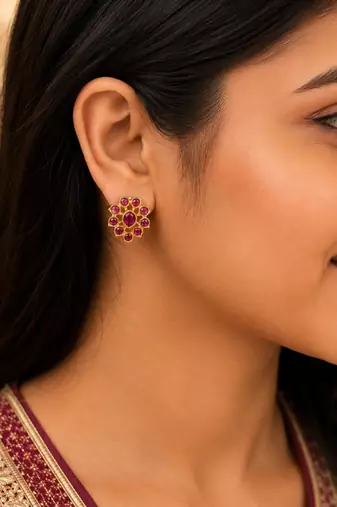 Gold plated ruby stone floral stud earrings | south indian temple style jewelry