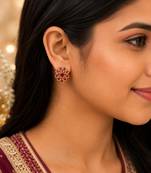 Gold plated ruby stone floral stud earrings | south indian temple style jewelry