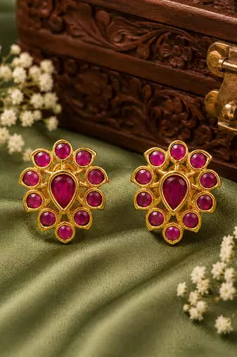 Gold plated ruby stone floral stud earrings | south indian temple style jewelry
