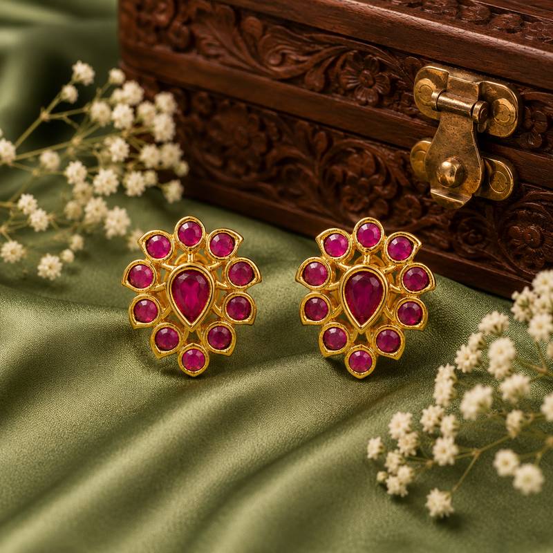 Gold plated ruby stone floral stud earrings | south indian temple style jewelry