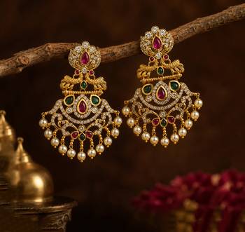 Gold plated ruby green designer earrings with pearl drops | traditional ethnic jewelry 1