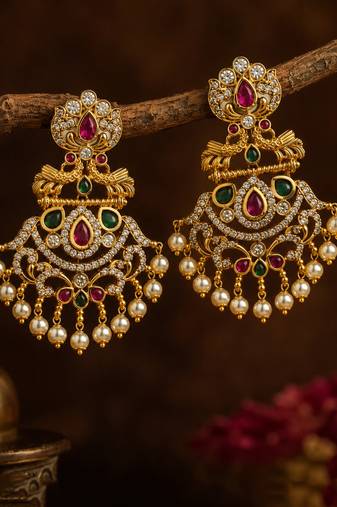 Gold plated ruby green designer earrings with pearl drops | traditional ethnic jewelry